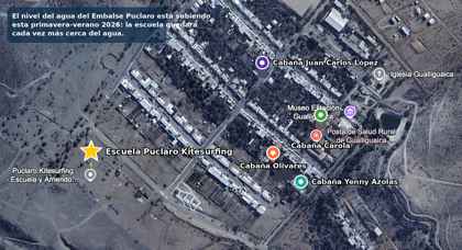 Mapa del pueblo de Gualliguaica con la ubicación de la escuela Puclaro Kitesurfing y las cabañas de Juan Carlos López, Yenny Azolas, Carola y Olivares